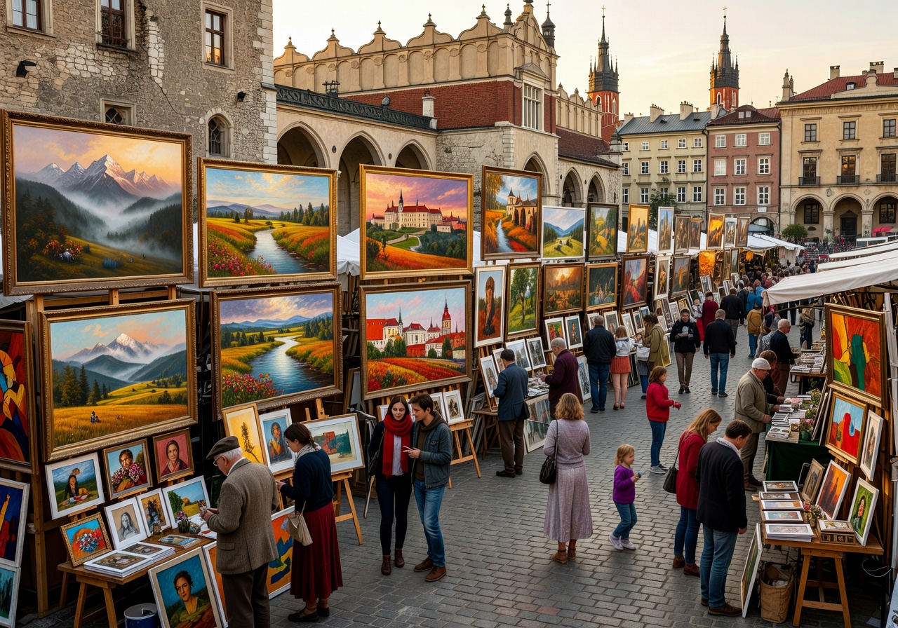Art market in Kraków Main Square with paintings displayed along historic buildings