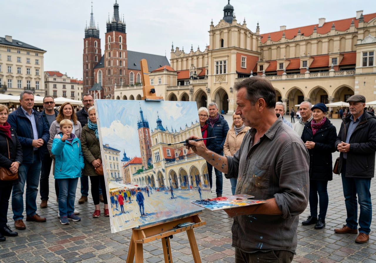 Artist creating a live painting demonstration at Kraków market
