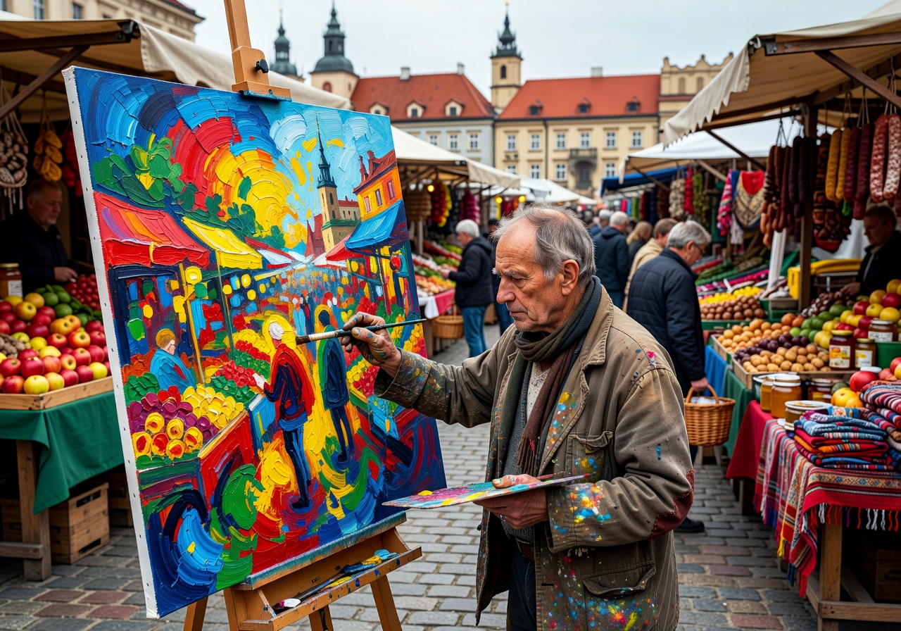Artist painting a colorful canvas at an outdoor market in Poland