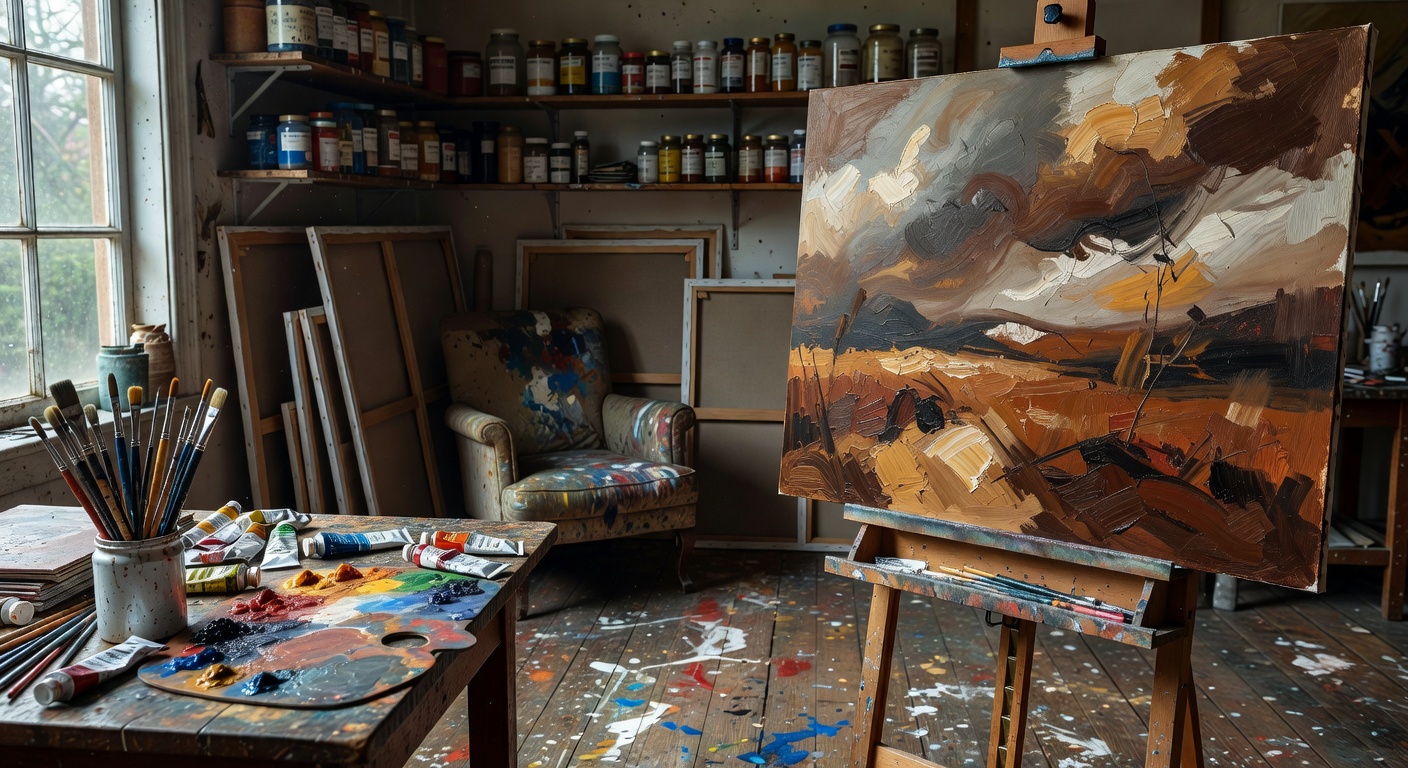 Artist's studio with brushes, paints, and a work in progress