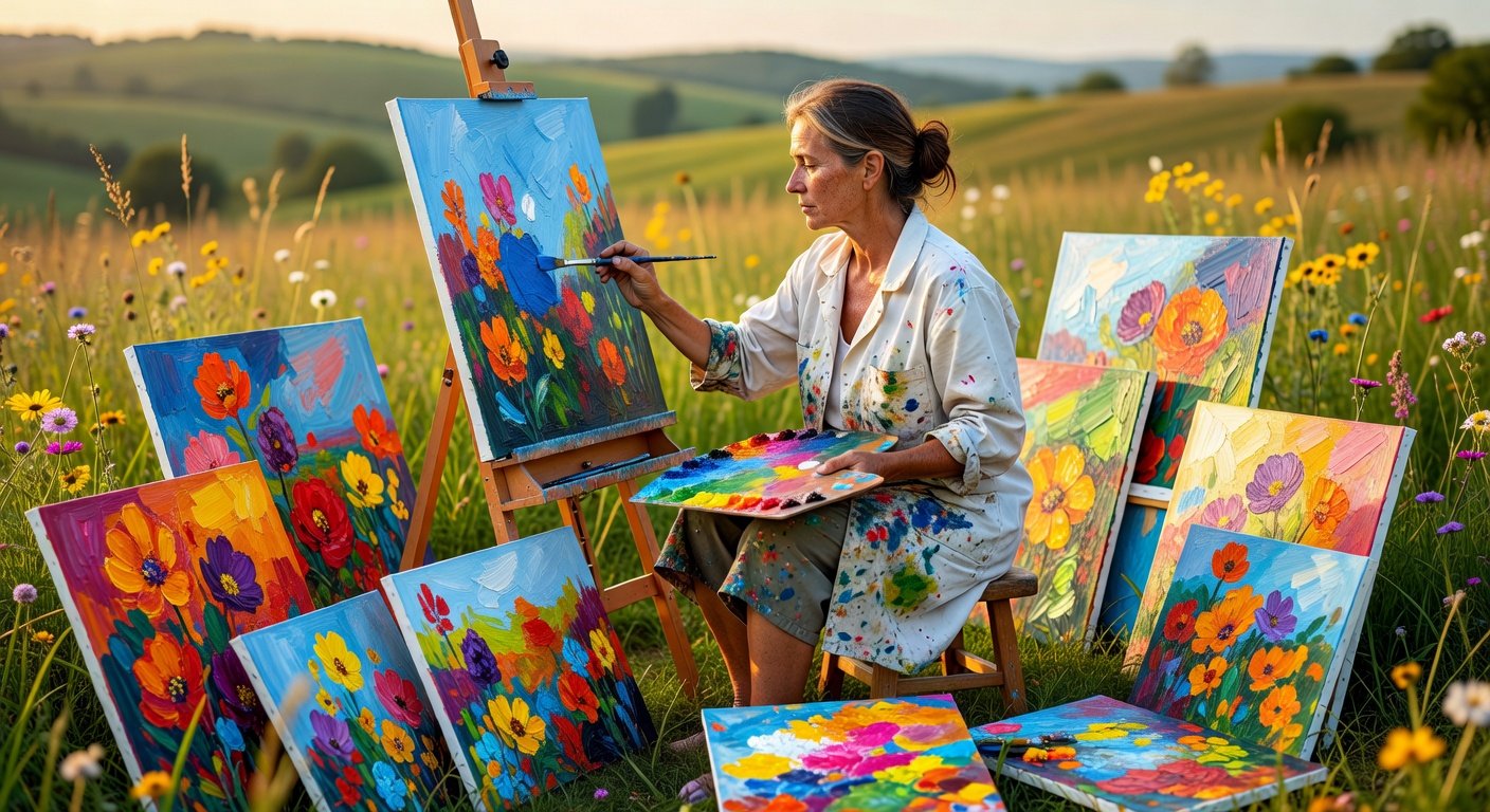 Artist working on a painting outdoors surrounded by vibrant canvases