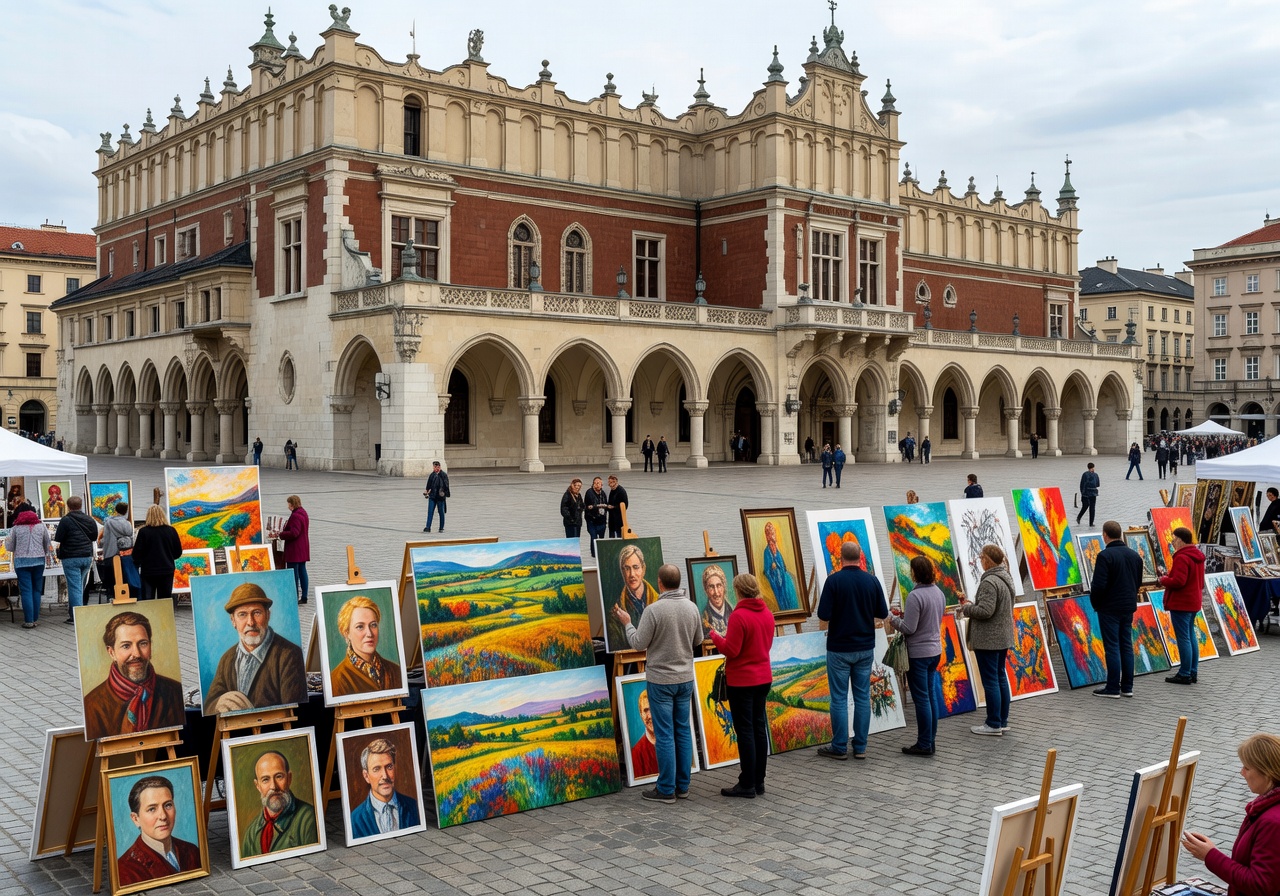 Artists selling paintings at Kraków Main Square beneath the historic Cloth Hall