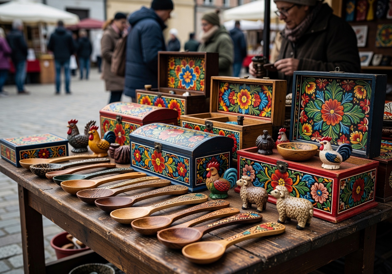 Close-up of traditional Polish art on sale at the Kraków market