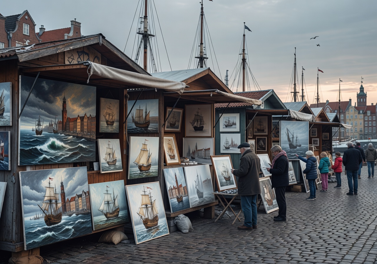 Coastal art stalls in Gdańsk with maritime-themed paintings