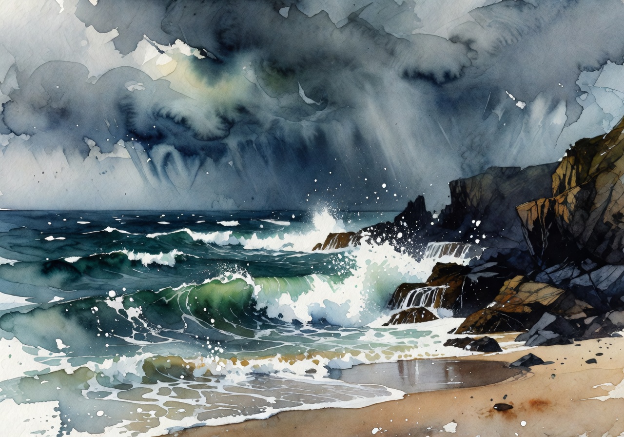 Coastal storm watercolor study by Tomasz Nowak