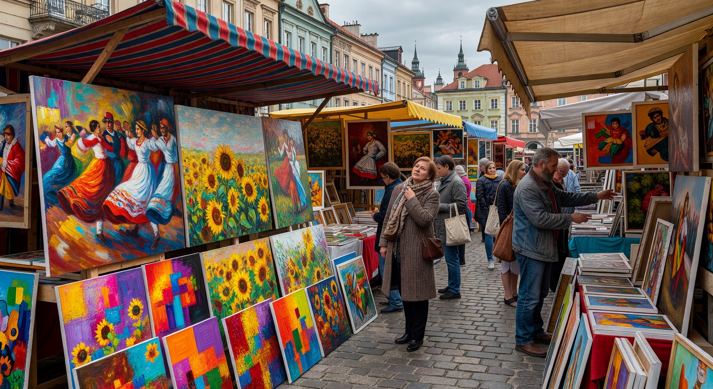Colorful paintings displayed at an open-air art market in Poland