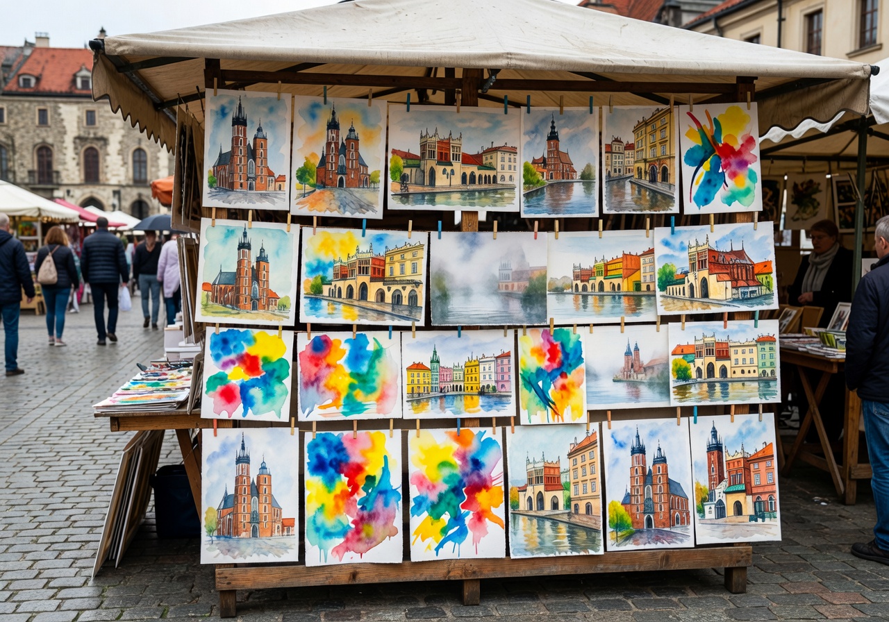 Colorful watercolor paintings on display at the Kraków art market