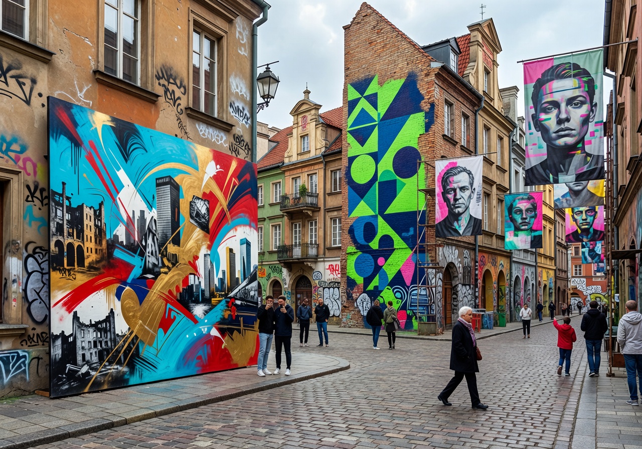 Contemporary street art displays along Warsaw Old Town cobblestone streets