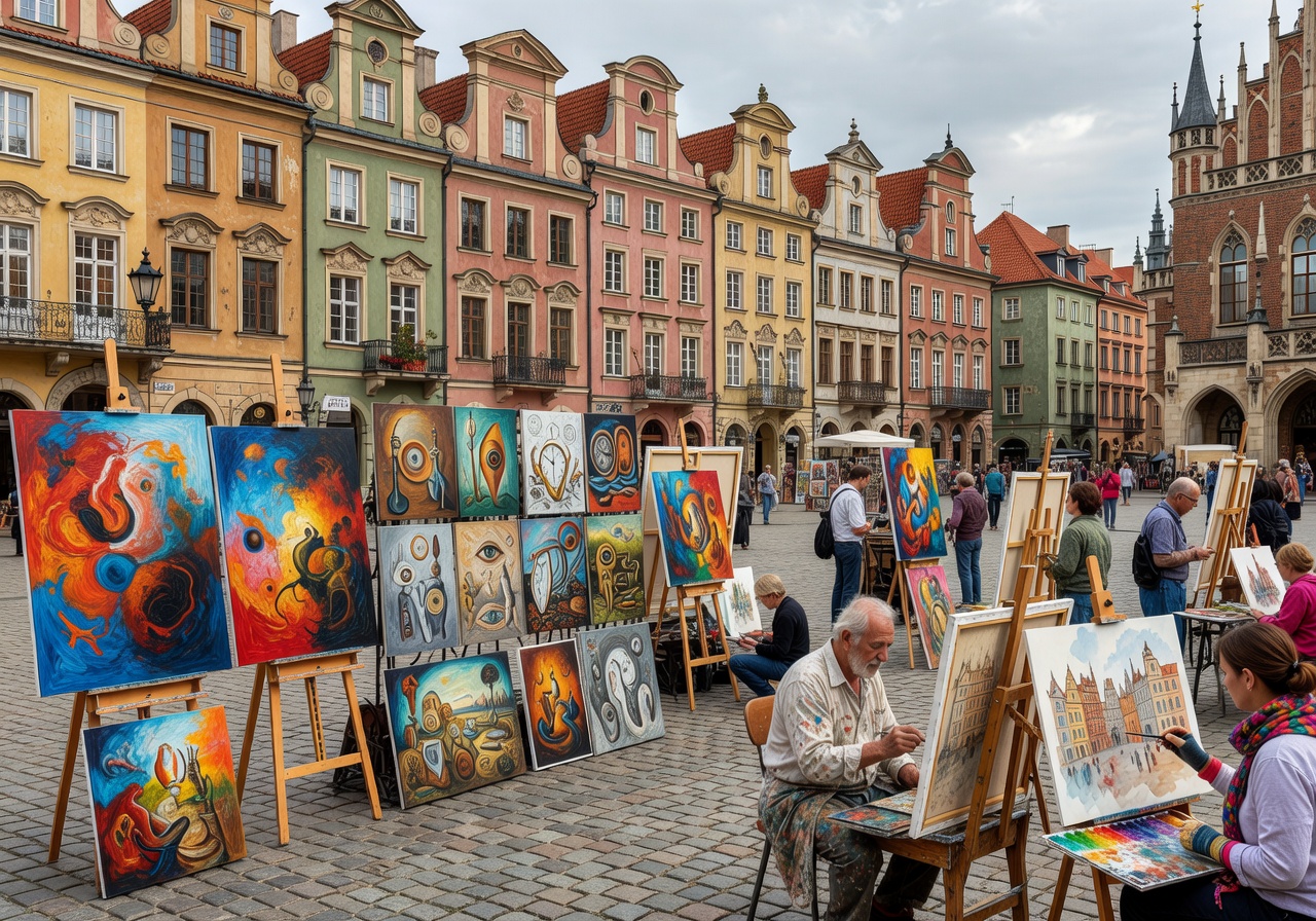 Eclectic art displays and painters at Wrocław's grand Market Square