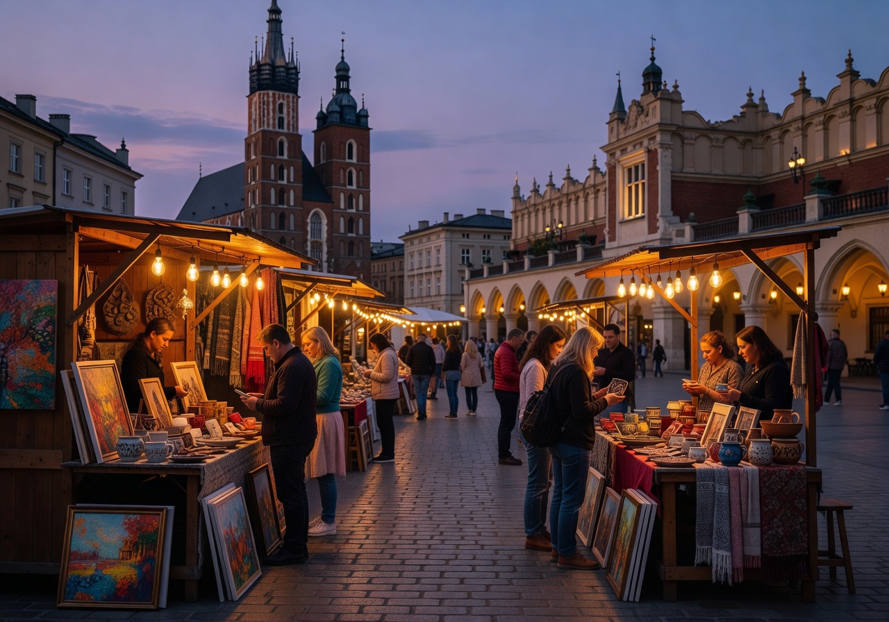 Evening ambiance at the Kraków Main Square art market