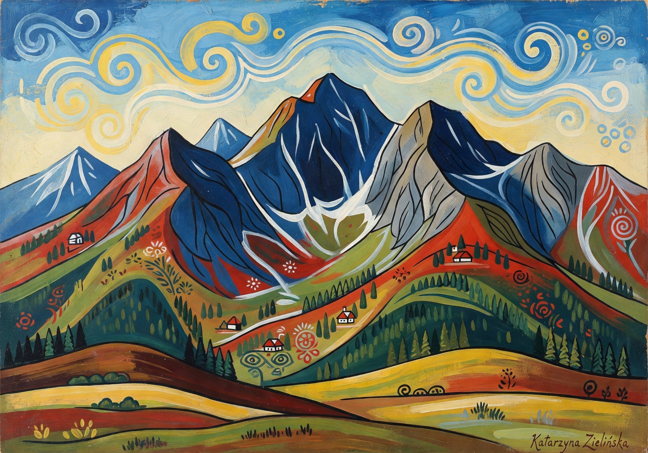 Folk art painting of Tatra Mountains by Katarzyna Zielińska