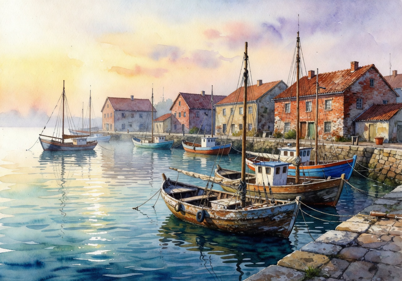 Harbor scene watercolor painting by Tomasz Nowak