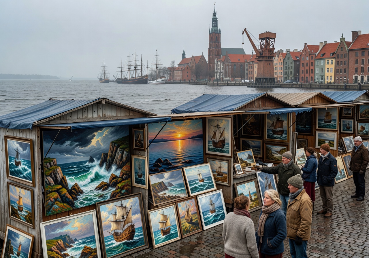 Maritime art and coastal landscape paintings at Gdańsk waterfront stalls