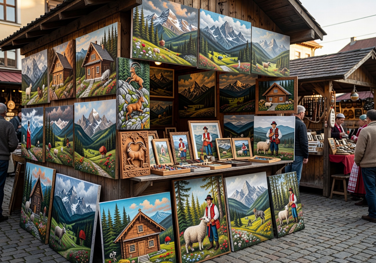 Mountain-themed art and folk paintings at Zakopane local market