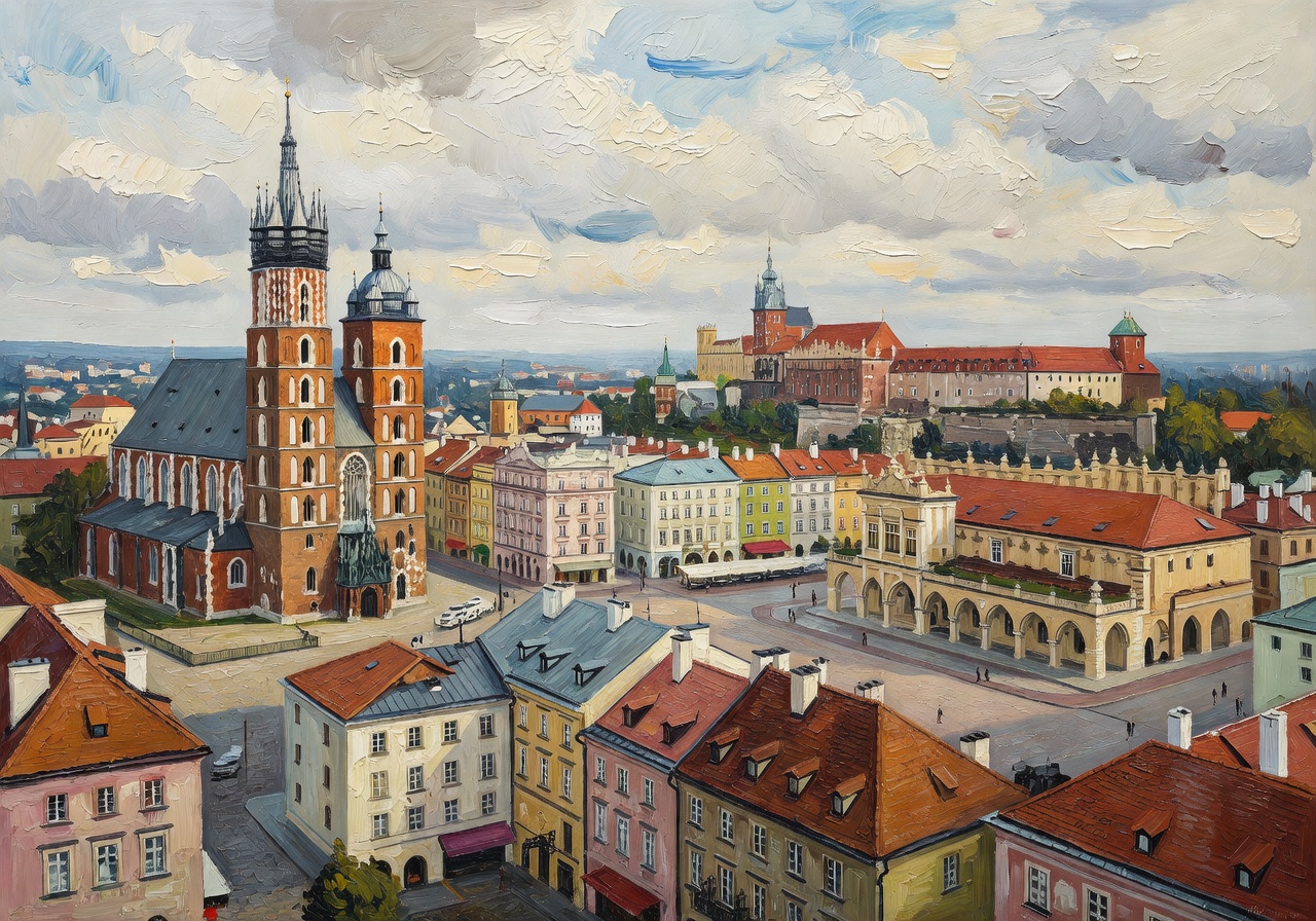 Oil painting of Kraków cityscape by Marek Kowalski