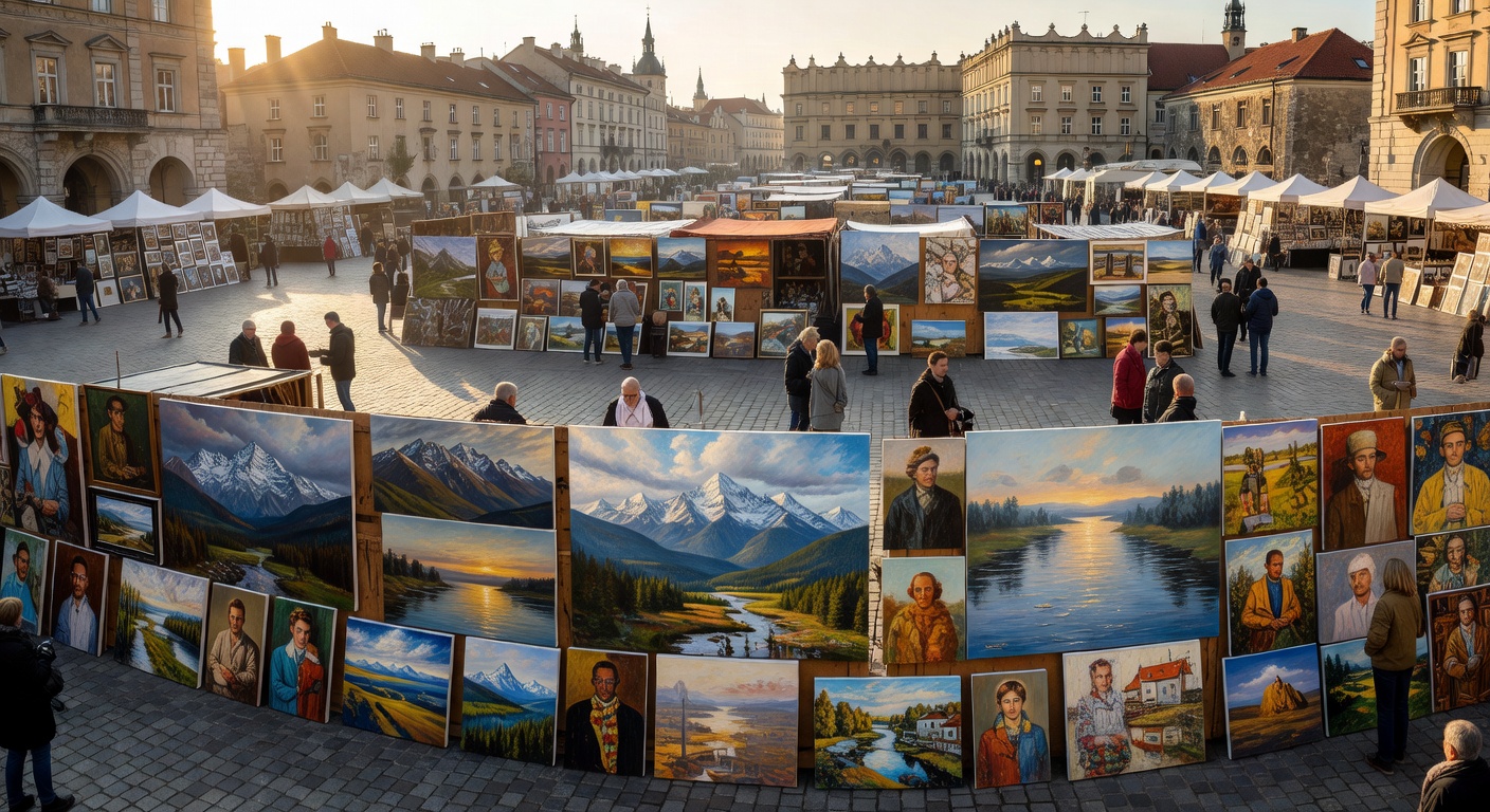 Panoramic view of an art market in Poland with paintings on display