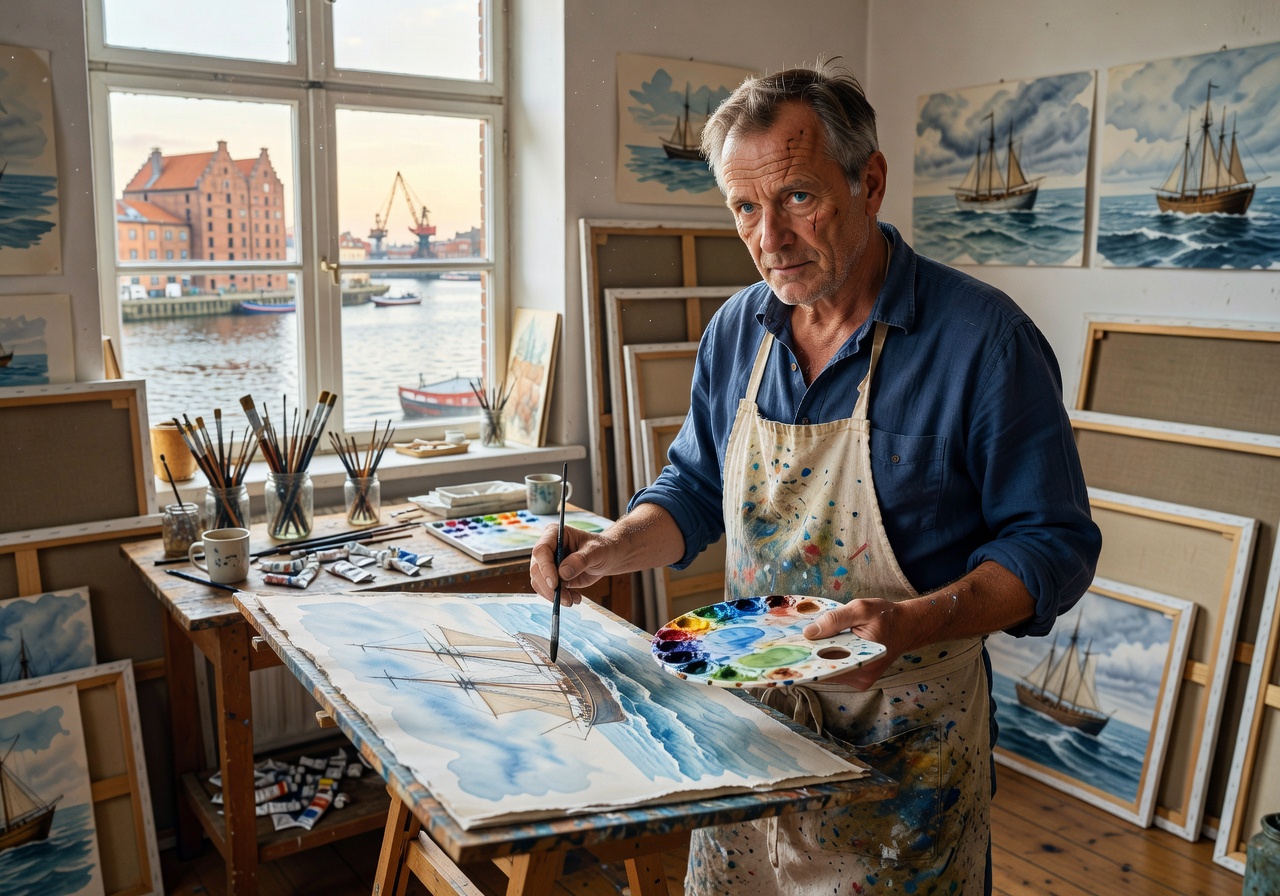 Portrait of maritime watercolor artist Tomasz Nowak from Gdańsk, Poland