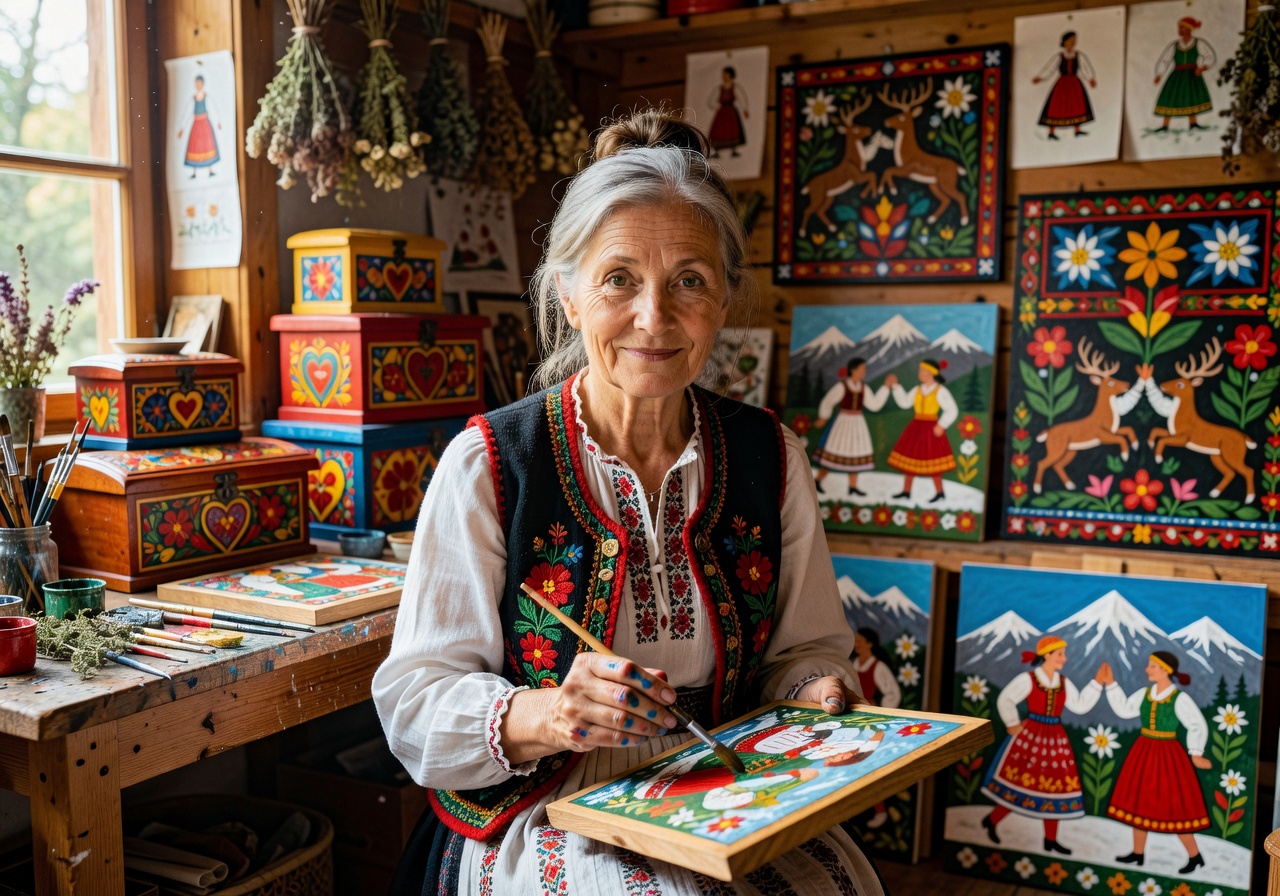 Portrait of Polish painter Katarzyna Zielińska, a folk art painter from Zakopane