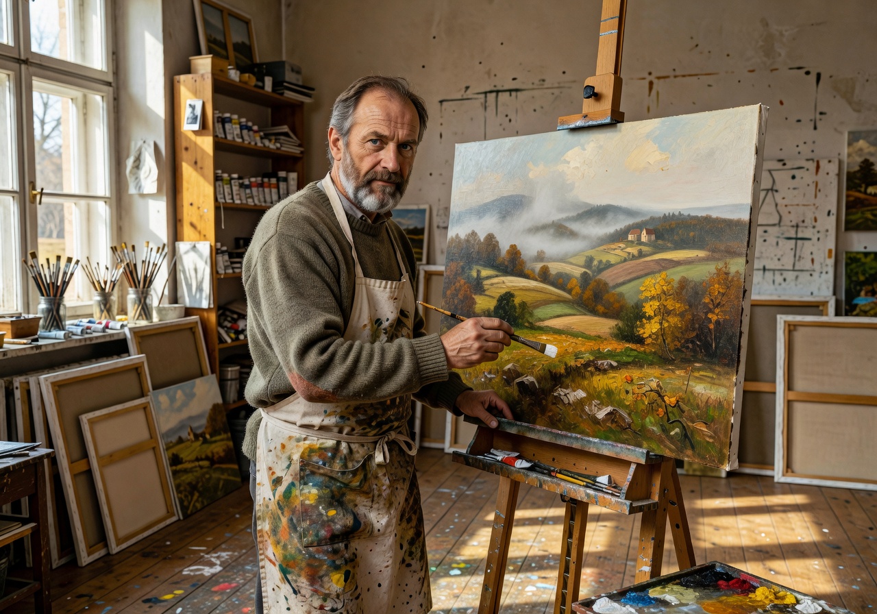 Portrait of Polish painter Marek Kowalski, a realist landscape artist from Kraków