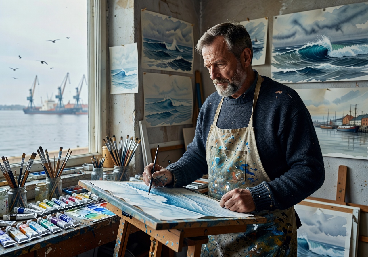 Portrait of Polish painter Tomasz Nowak, a maritime watercolor artist from Gdańsk