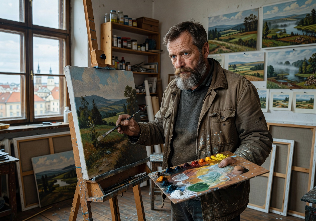 Portrait of realist landscape painter Marek Kowalski from Kraków, Poland