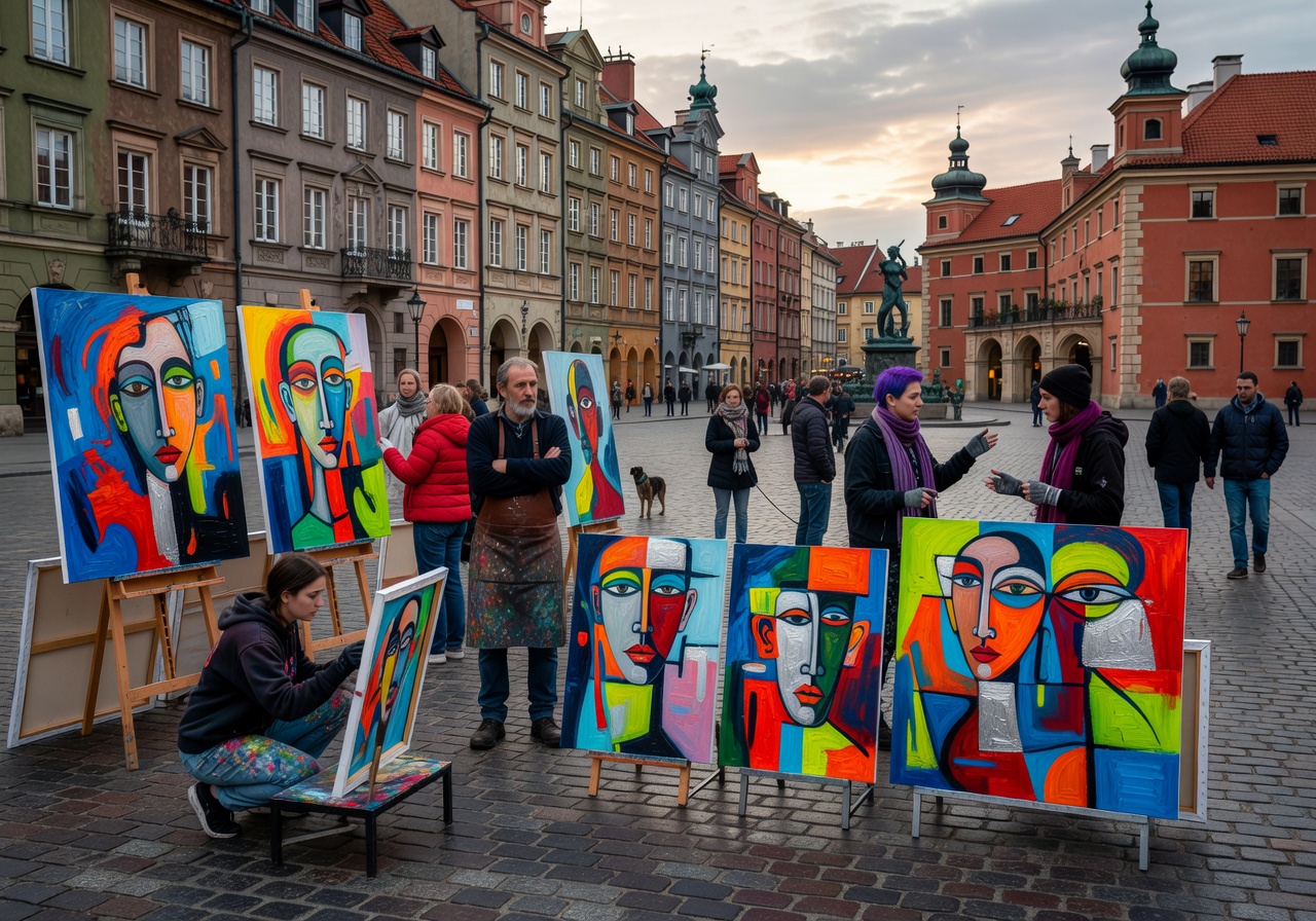 Street artists displaying contemporary paintings in Warsaw Old Town