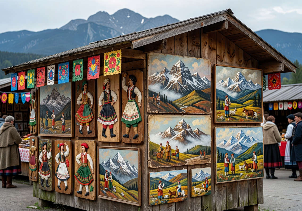 Traditional highland folk art and mountain paintings at Zakopane's local market