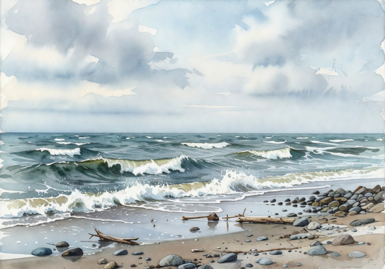 Watercolor seascape painting of Baltic coast by Tomasz Nowak