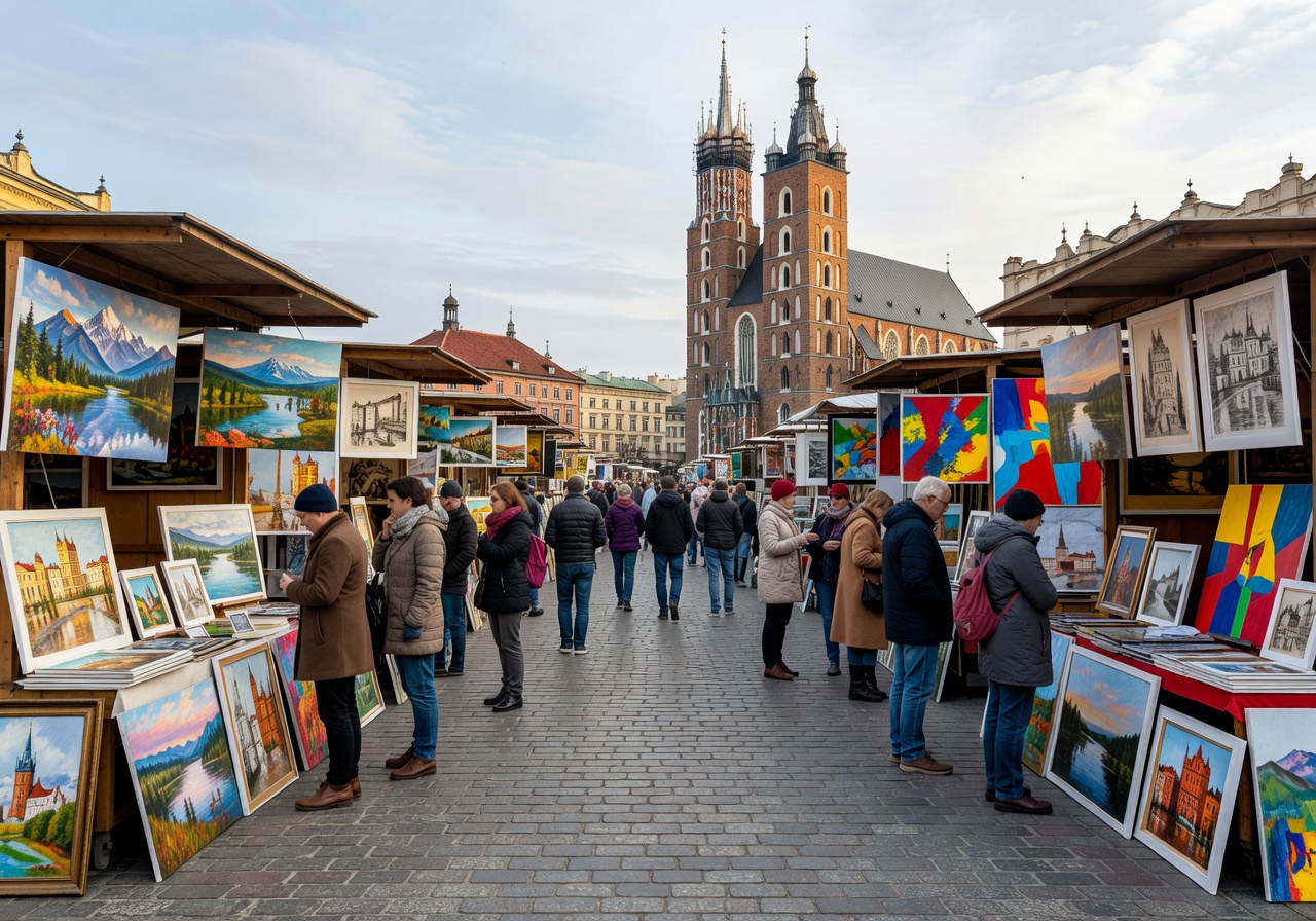 Wide view of the Kraków art market with visitors browsing paintings